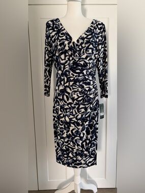 Ralph Lauren Navy and White Printed Midi Wrap-Style Dress NWT Size 12